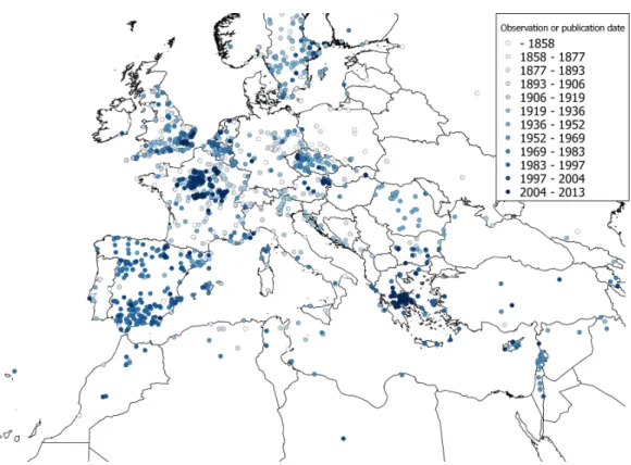Figure 5 A dated distribution map of Chenopodium vulvaria observations from Europe, North Africa and the Middle-east