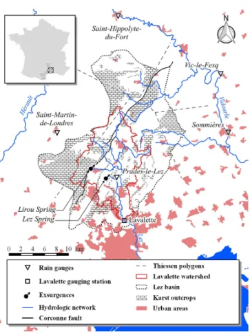 Figure 1. Map of the Lez hydrosystem with location of karst out- out-crops, rain gauges, gauging stations, springs, Causses de  Viols-le-Fort and de l’Hortus and of Corconne fault