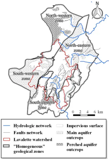 Figure 2. Map of the Lez basin: zone boundaries and topographic watershed, impervious and non-impervious formations, faults  inten-sifying infiltration.