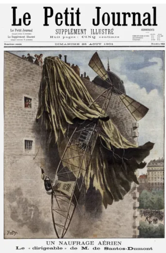 Figura 5 - O resgate de Santos Dumont, que ficou pendurado a v´ arios metros de altura na quilha do dirig´ıvel N ◦ 5, ap´ os o  cho-que da aeronave contra um pr´ edio, em 8 de agosto de 1901 (Paris, Fran¸ca)