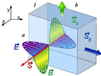 Figura 1 - (em cores online ) Representa¸c˜ ao esquem´ atica do campo el´ etrico E e da indu¸c˜ ao magn´ etica B em uma onda plana sinusoidal de RE