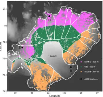 Figure 9. Height loss between the winter of 2010/11 and the winter of 2013/14 as a function of elevation for the five ice caps