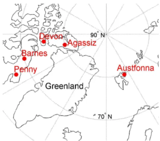 Figure 1. Location of the five ice caps measured in this study.
