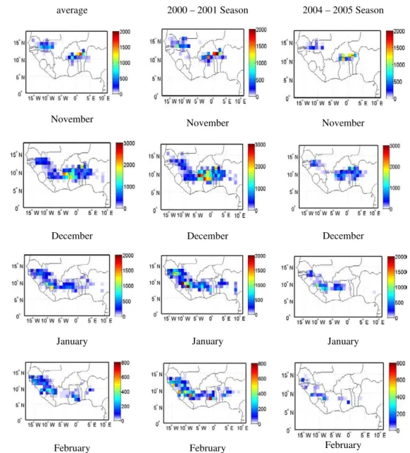Figure 4. Spatial variability in burned areas (km 2 ) from November to February for the mean of the 7 years (left column) and for two contrasting years: high fire activity in 2000–2001 (middle column) and weak fire activity in 2004–2005 (right column).