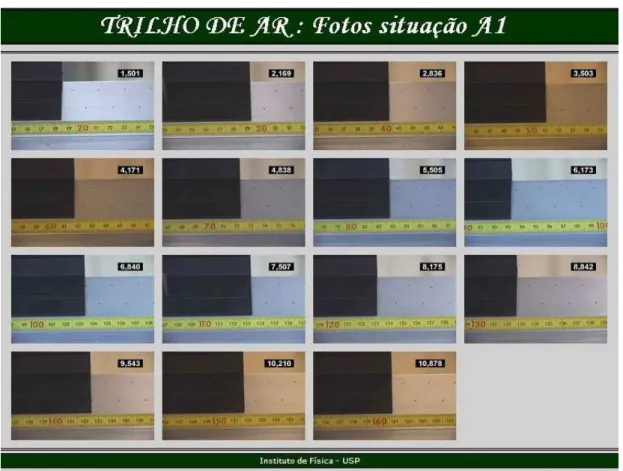 Figura 2 - Um dos conjuntos de quadros extra´ıdos da filmagem em close usadas para an´ alise do movimento do experimento trilho de ar, como aparece em http://fep.if.usp.br/~fisfoto/trilho_ar/situacao_a1/index.html 