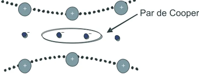 Figura 6 - Movimento do par de Cooper por uma rede crista- crista-lina. As distor¸c˜ oes da rede s˜ ao provocadas pela passagem de um el´ etron que acarreta na atra¸c˜ ao de outro