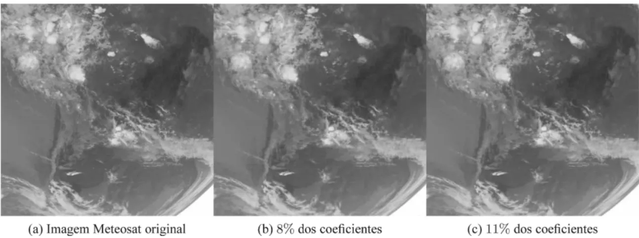 Figura 8 - Imagem de sat´ elite METEOSAT no canal infravermelho termal, original e reconstru´ıda com 8% e 11% dos coeficientes wavelets, para o mesmo MSE de 4,8