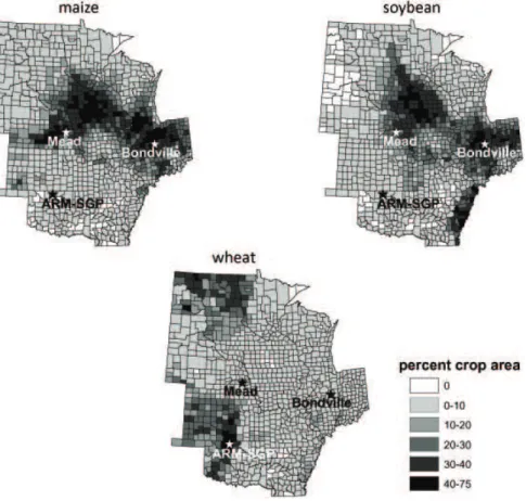 Fig. 1. Distribution of corn, soybean, and wheat in the US mid west region encompassing the eddy covariance flux tower sites used for model testing (i.e