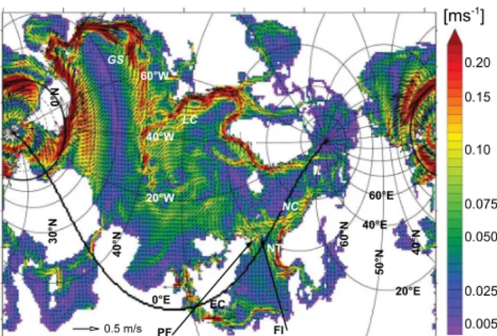 Fig. 1. Model domain. The zero meridian is indicated by the thick line. Also shown: surface circulation averaged over 1990–1999.