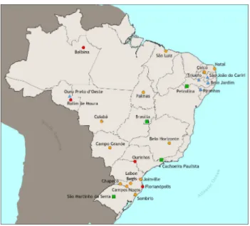 Figura 9 - Distribui¸c˜ ao das esta¸c˜ oes de dados de superf´ıcie da rede SONDA no territ´ orio brasileiro