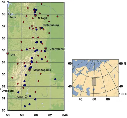 Fig. 1. Map of the studied region. Weather stations are shown as red rhombus, boreholes are shown as blue circles in the left panel