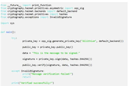 Figure 16 : Simple example of a signature process using Dilithium from liboqs on cryptography.