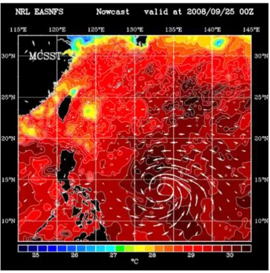 Fig. 2. A synoptic map of SST from the East Asian Seas Nowcast and Forecast System (EAS- (EAS-NFS) of the Naval Research Laboratory (Ko et al., 2008) for 25 September 2008