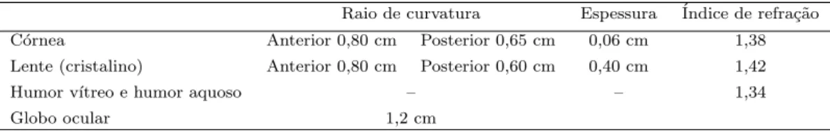 Tabela 2 - Algumas caracter´ısticas t´ıpicas do olho humano (a Ref. [4] apresenta alguns dados referentes ao olho humano).