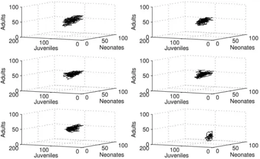 Figure 2. 3-dimensional phase spaces from raw data of simulation run 1 for neonates, juveniles and adults