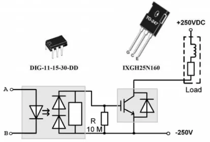 Fig. 5 – An embodiment of output switching unit of the relay based on the modern IGBT- IGBT-transistor (IXGH25N160) and specialized driver with the dynamic discharging 