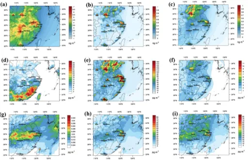 Figure 2. Simulated annual average concentration of (a) GEM, (b) GOM and (c) PBM annual dry deposition of (a) GEM, (b) GOM and (c) PBM, wet deposition and (e) dry deposition in East China.