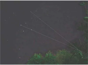 Figura 7 - Determina¸c˜ ao do p´ olo sul celeste, atrav´ es duas fotos, no intervalo de uma hora: o cruzamento das linhas da figura  deter-mina com boa aproxima¸c˜ ao a posi¸c˜ ao do p´ olo sul celeste