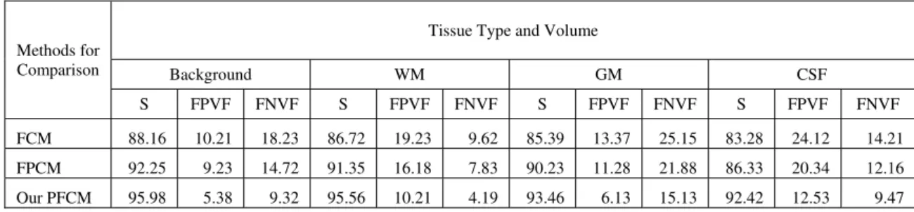 TABLE 1. QUANTITATIVE COMPARISON RESULT OF THREE VOLUME METRICS FOR FOUR TISSUE CLASSES 