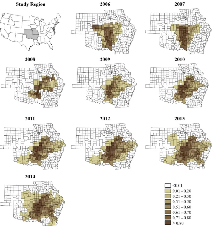Fig 5. Posterior median of county – specific differential trends. Counties with values closer to 0 indicate a higher risk for RMSF.