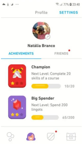Figura 27. Badges em andamento no perfil pessoal da autora, no Duolingo. 