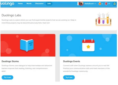 Figura 35. Página de entrada do DuolingoLabs, sítio de teste de projetos do aplicativo