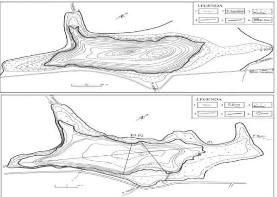Fig.  2. Bathymetric maps of the  Ş tiucii Lake - 1957 (a) and 2000 (b). 