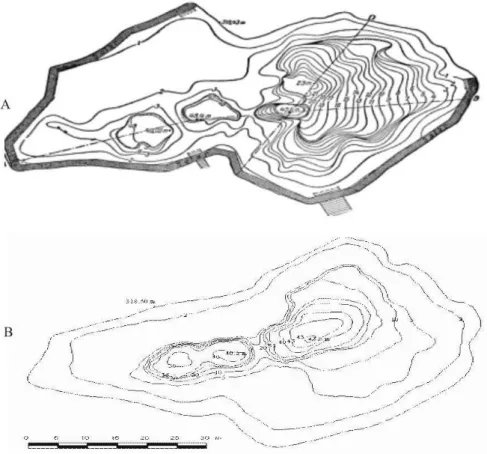 Fig. 5.  Bathymetric map of the Durgău lake (a. according to Pânzaru,T., 1971; b. 