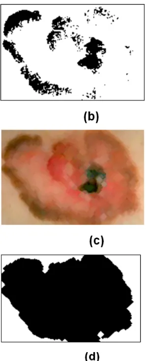 Figura  2.  Benefícios  da  filtragem  morfológica  por  cor:  (a)  Imagem original (b) Binarização sem filtragem (c) Filtragem  (d) Binarização após filtragem.