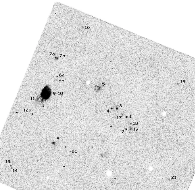 Fig. 4. The continuum-subtracted Hα image. Dark features that are marked are sources.