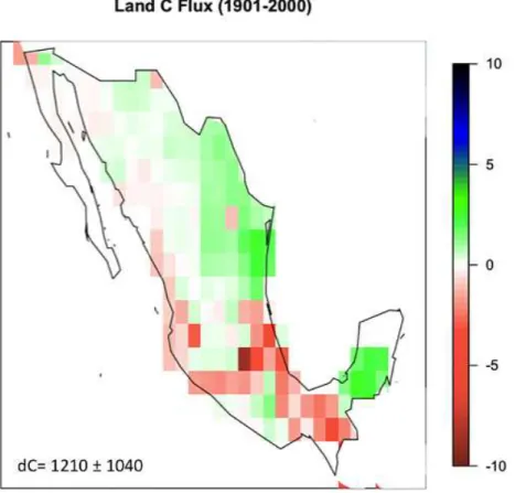 Figure 6. Total change in land C during 1901–2000 (kg C m −2 ). A positive sign indicates C gain.