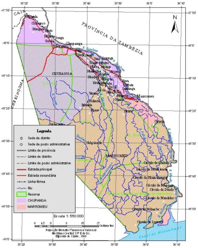 Figura 1: Localização geográfica do distrito de Marromeu em Moçambique. 