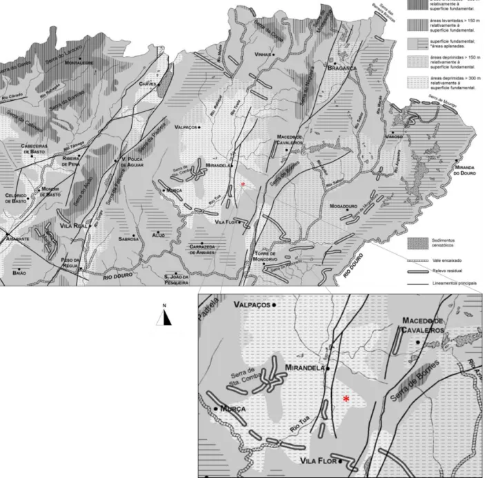 Figura 14  – Carta Geomorfológica da folha 2 da Carta Geológica de Portugal à escala 1:200 000  (adaptado de Pereira,  2000);  *  localização da área de estudo
