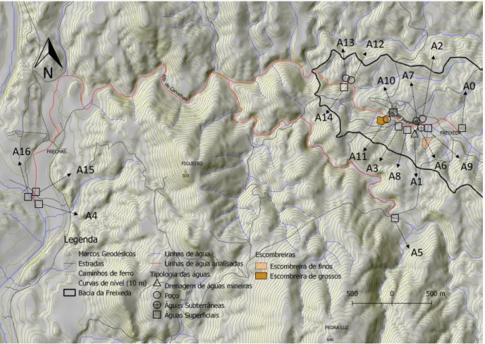 Figura 18 – Localização dos pontos de amostragem de água na área mineira da Freixeda 
