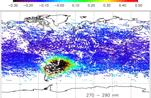 Fig. 3. Map of the relative difference between observed and simulated reflectance, d R , averaged between 270 and 290 nm