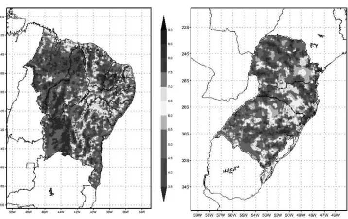 Figura 11 - Mapeamento dos recursos e´ olicos nas regi˜ oes Nordeste e Sul do Brasil obtido no CPTEC/INPE com o emprego do modelo Eta [28].