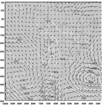 Figura 8 - Representa¸c˜ ao dos ventos (vetores) e dos n´ıveis de press˜ ao (linhas is´ obaras) ao n´ıvel do mar