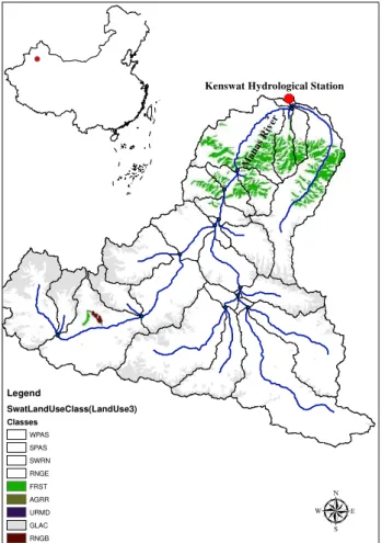 Fig. 2. The Manas River basin and subbasin delineation map (the upper-left small figure is the sketch map of China indicating the location of the study area).