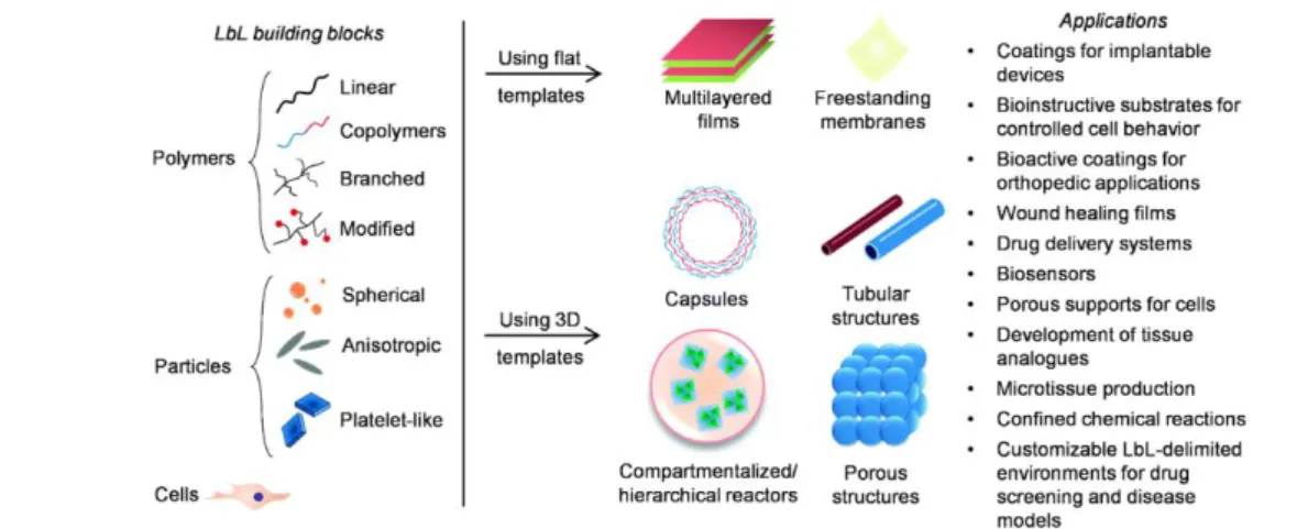 Figure 2. 3 - Building blocks (polymers, particles or cells) used in LbL assembly (2D and 3D)  and their  biomedical applications [40]