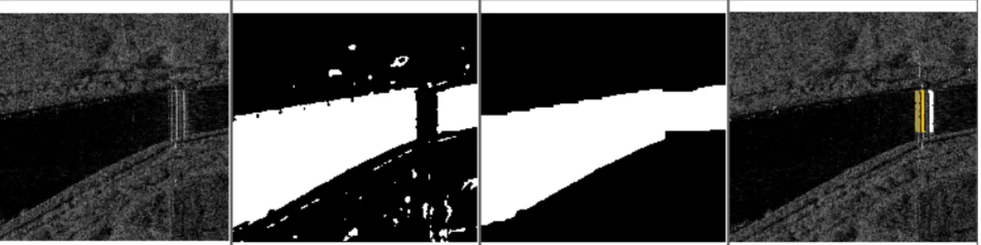 Figure 6. From left to right: amplitude SAR image, potential water surfaces (bright areas), morphologic filtering results in better water  extraction, and detection of bridge crossing the channel