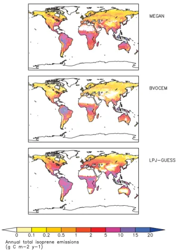 Fig. 1. Average annual global isoprene emissions for the period 1981–2002 from three different emission models