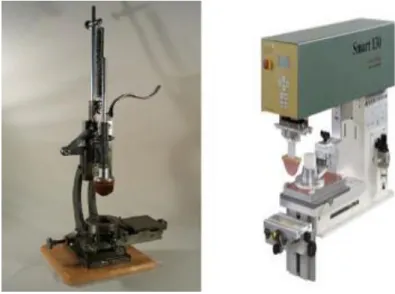 Figura 8 - Na imagem à esquerda pode-se observar uma das primeiras máquinas de tampografia, à direita uma máquina atual  (microPrint, 2016) 