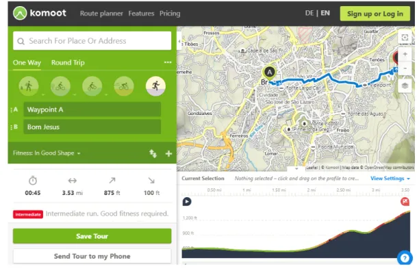 Figura 2 . 2 : Exemplificação do uso da ferramenta Komoot para a geração de rotas para pedestres