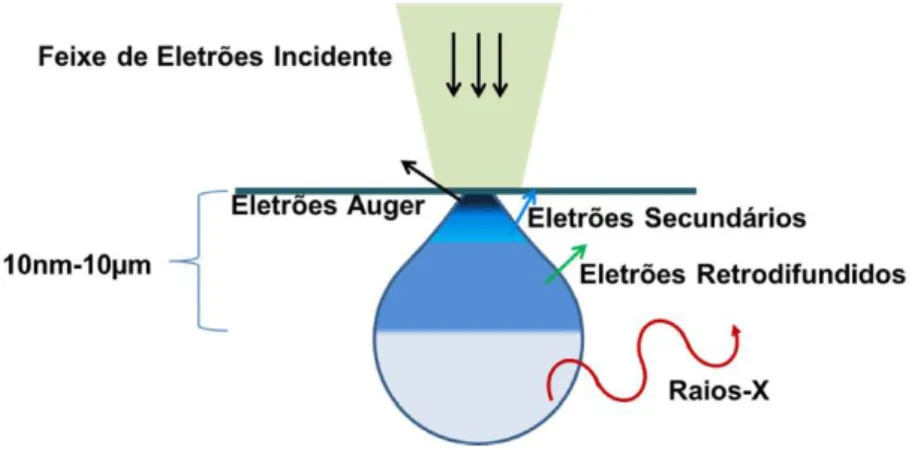 Figura 26: Representação esquemática da interação de um feixe de eletrões com uma amostra solida  [27]