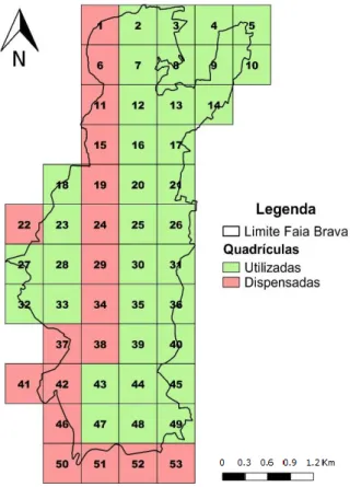 Figura 4 - Mapa das quadrículas 500x500m escolhidas para o estudo realizado na Reserva da Faia  Brava