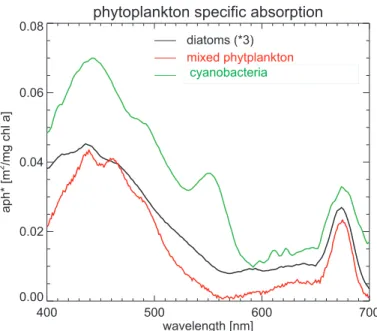Fig. 1. Spectra of pigment-specific phytoplankton absorption determined in water samples of three di ff erent ship cruises with RV Polarstern within the Atlantic Southern Ocean: A  phy-toplankton absorption spectrum of a phyphy-toplankton community dominat