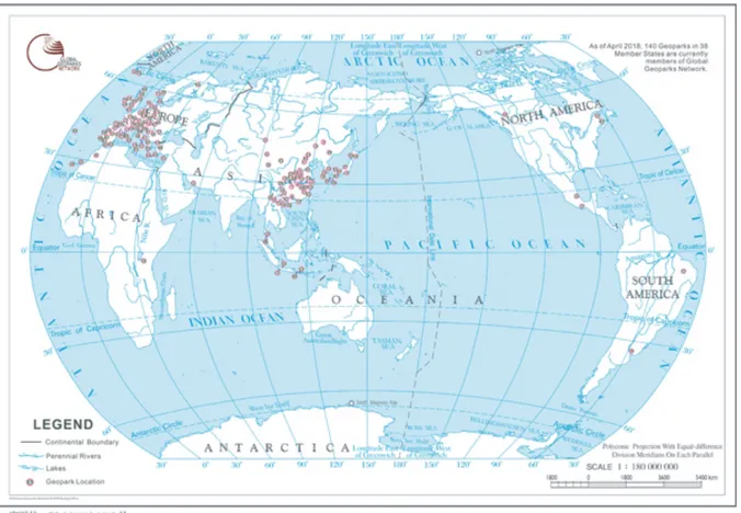 Figura 3. Distribución geográfica de los Geoparques Mundiales de la UNESCO (imagen tomada de GGN, 2018)