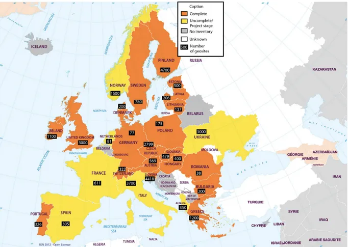 Figura 4. Estado del progreso de los inventarios nacionales de patrimonio geológico en Europa con el número de geotopos  identificados hasta octubre de 2014 (tomado de De Wever et al., 2015)