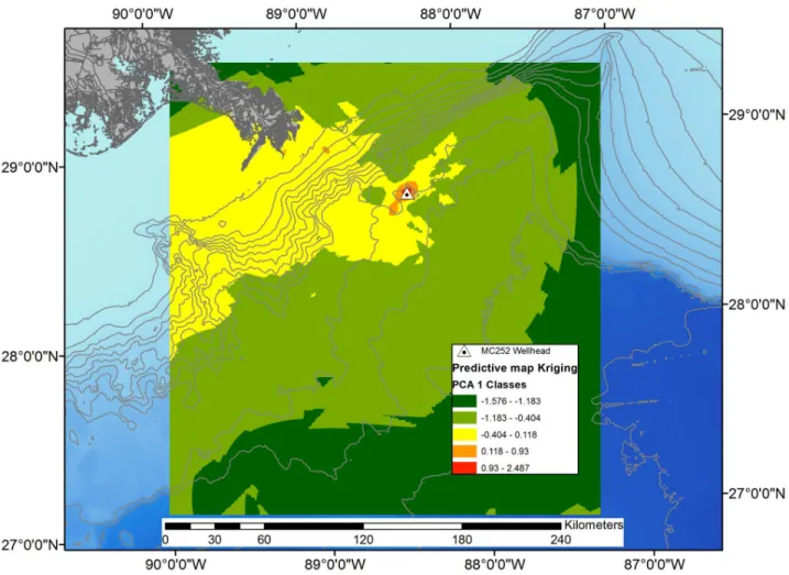 Figure 4. Interpolated area of deep sea impact based on PC1 station scores. The interpolated area shown covers 70,166 km 2 of which 167 km 2 (orange) are considered moderately impacted and 24 km 2 (red) are considered severely impacted.