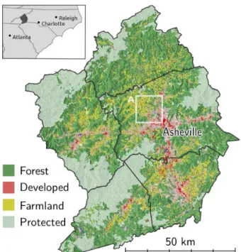 Figure 4: 2011 land cover (Homer et al., 2015) and protected areas (Anderson and Sheldon, 2011) in the Asheville metropolitan area in the west of North Carolina, USA